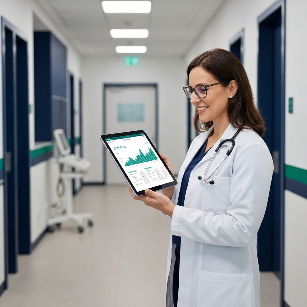 Profissional de saúde consultando resultados em tablet