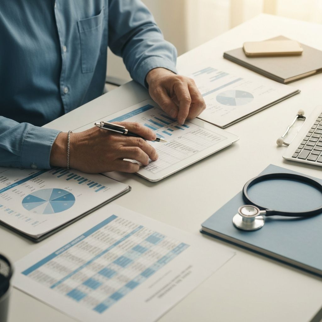 Profissional analisando faturamento médico em tablet